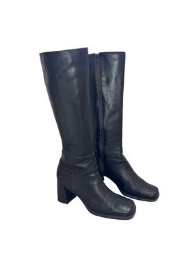 Vintage 90s Nine West Leather Knee High Boots Dark Brown Black Square Toe 6.5